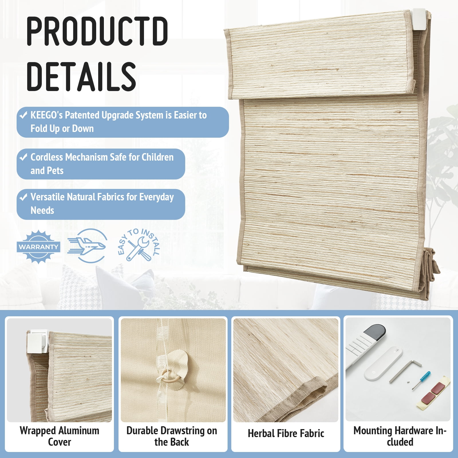 Keego No Drill Motorized Roman Shades Natural Fabric Rechargeable Electric Window Blinds Remote Control Room Darkening Window Treatment - Beige (with Linen, Block 40%-50% Light) - 50"W x 48"H