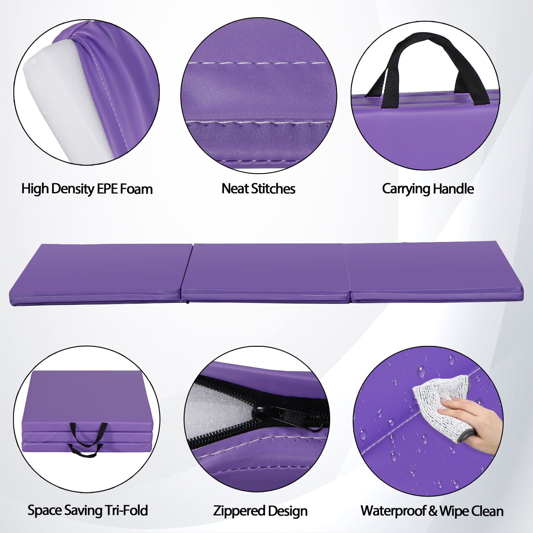ZENY 6' x 2' x 2" PU Leather Home Tri-Fold Gym Exercise Aerobics Yoga Mat Anti-Slip W/Carrying Handles, Purple