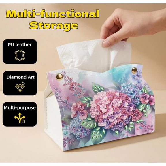 1PC Handmade Art Painting Hydrangeas Tissue Box PU Leather Desktop Organizer Embroidery Craft for Home Office Car Jewelry Household Item Container