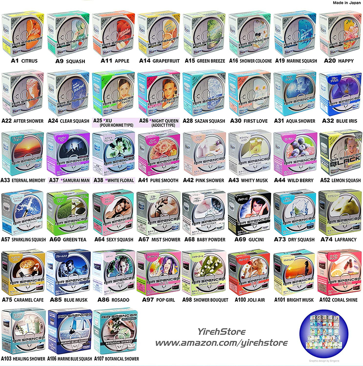 Air Spencer Cartridge Marine Squash Scent 4-Pack Car Air Freshener, Heavy Duty, Last Long, JDM AS A19 Eikosha Japan