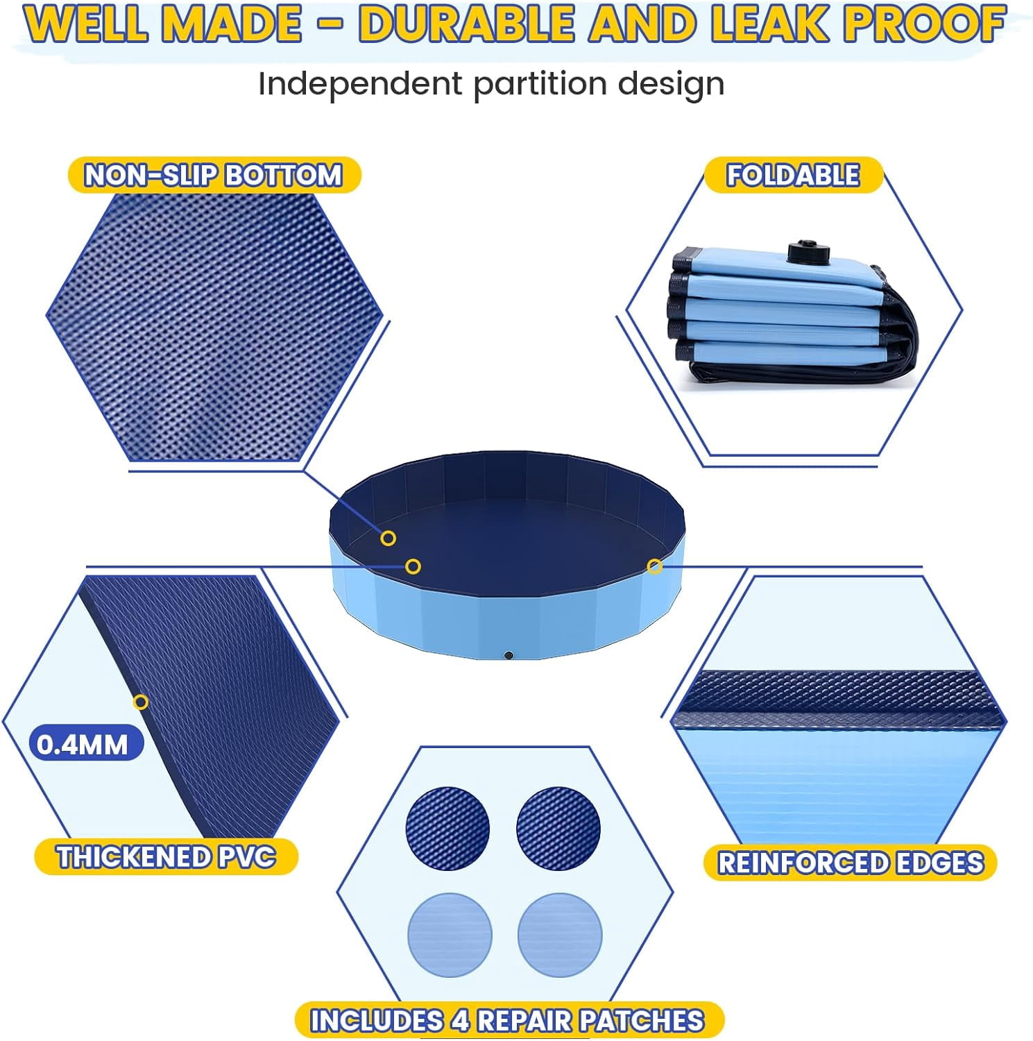 Foldable Large Dog and Kids Swimming Pool, 77" XXL Heavy Duty Non-Slip Outdoor Pool with Quick Drain