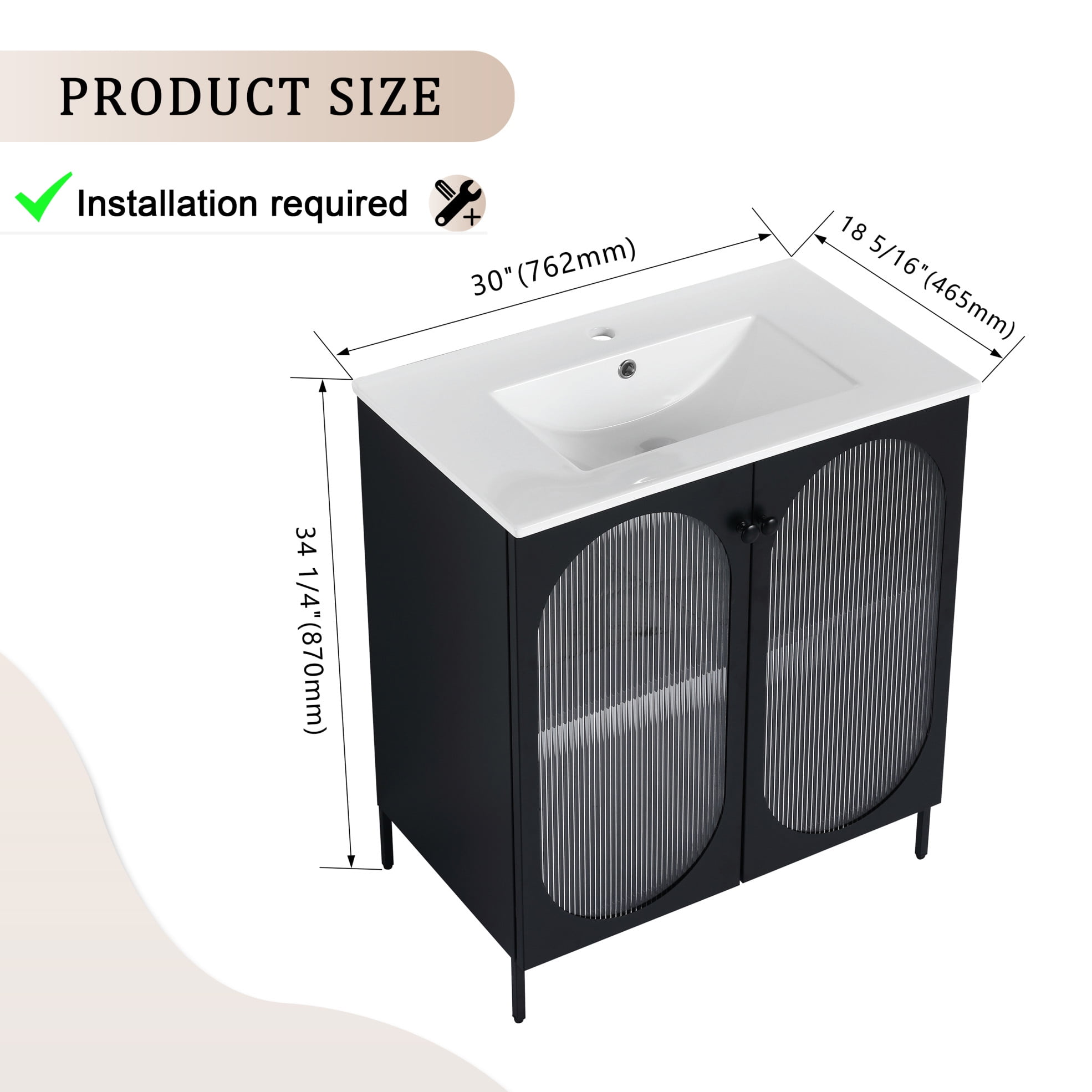 30-Inch Freestanding Bathroom Vanity with Ceramic Sink and Storage Cabinet, Waterproof Wood Finish, Adjustable Leveling Feet, Easy Installation for Small Bathrooms