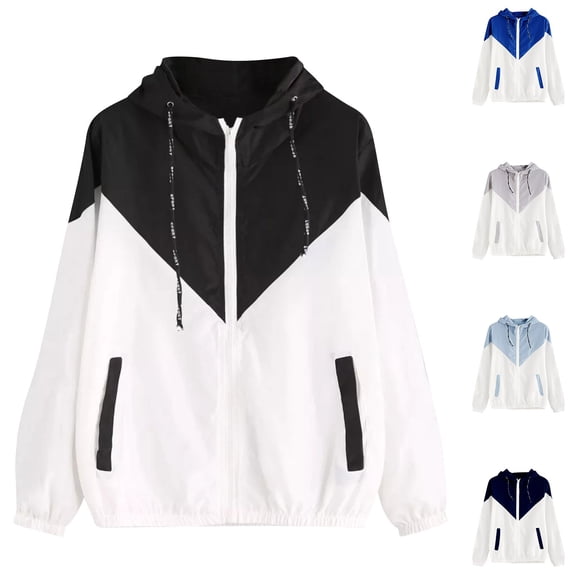 LOVZFMLL Women's Windbreaker Jacket Color Block Zip Up Hooded Coat with Pockets Casual Long Sleeve Outerwear Active Outdoor