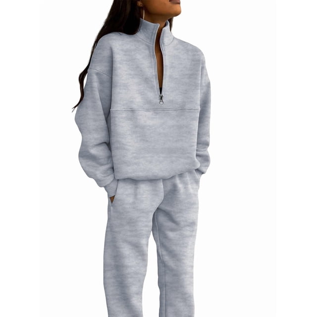 Conjunto Deportivo de 2 Piezas para Mujer: Sudadera de con Media Cremallera y Pantalón de Chándal Gris S