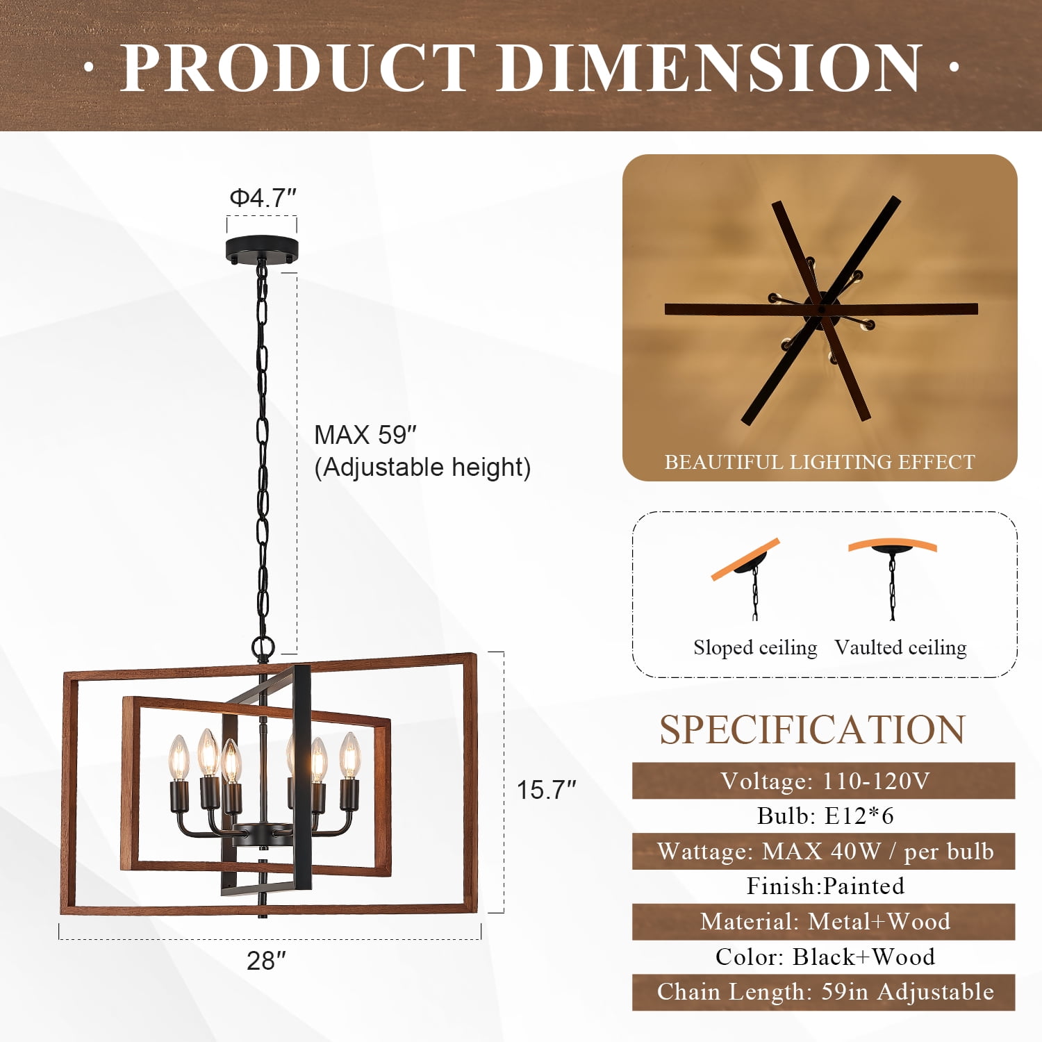 6-LightRustic Wood Chandelier 28" Geometric Farmhouse Wooden Pendant Light Fixtures
