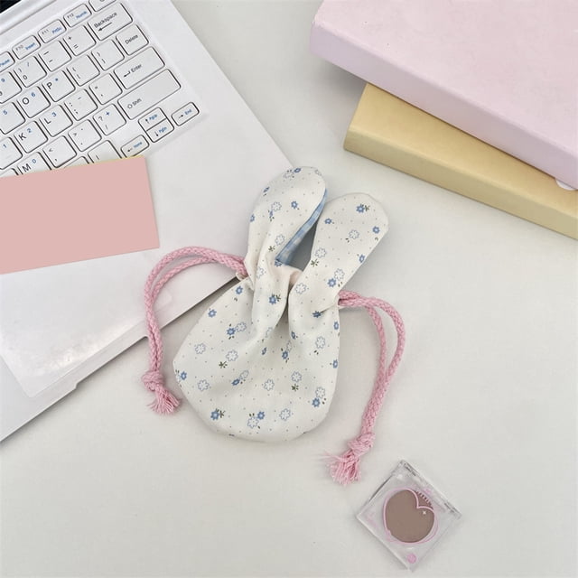 Sokhug Cute Bunny Ear Floral Drawstring Storage Bag, Portable Small Pouch for Accessories Easter Gift
