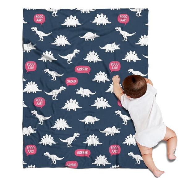 DarkBlue Cartoon Dinosaurs SpeechBubbles Pattern Blanket,Comfortable Soft Flannel Throw Blanket,All Season,Warm Lightweight Blankets for Sofa Bed Couch Living Room Chair,30"x40"