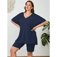 thumbnail image 6 of SHOWMALL Women Plus Size Outfits Set Soft Loungewear Navy Blue 2X Summer 2-Piece Pajamas Short Sleeves and Bliker Shorts Lounge Sets for Women, 6 of 7