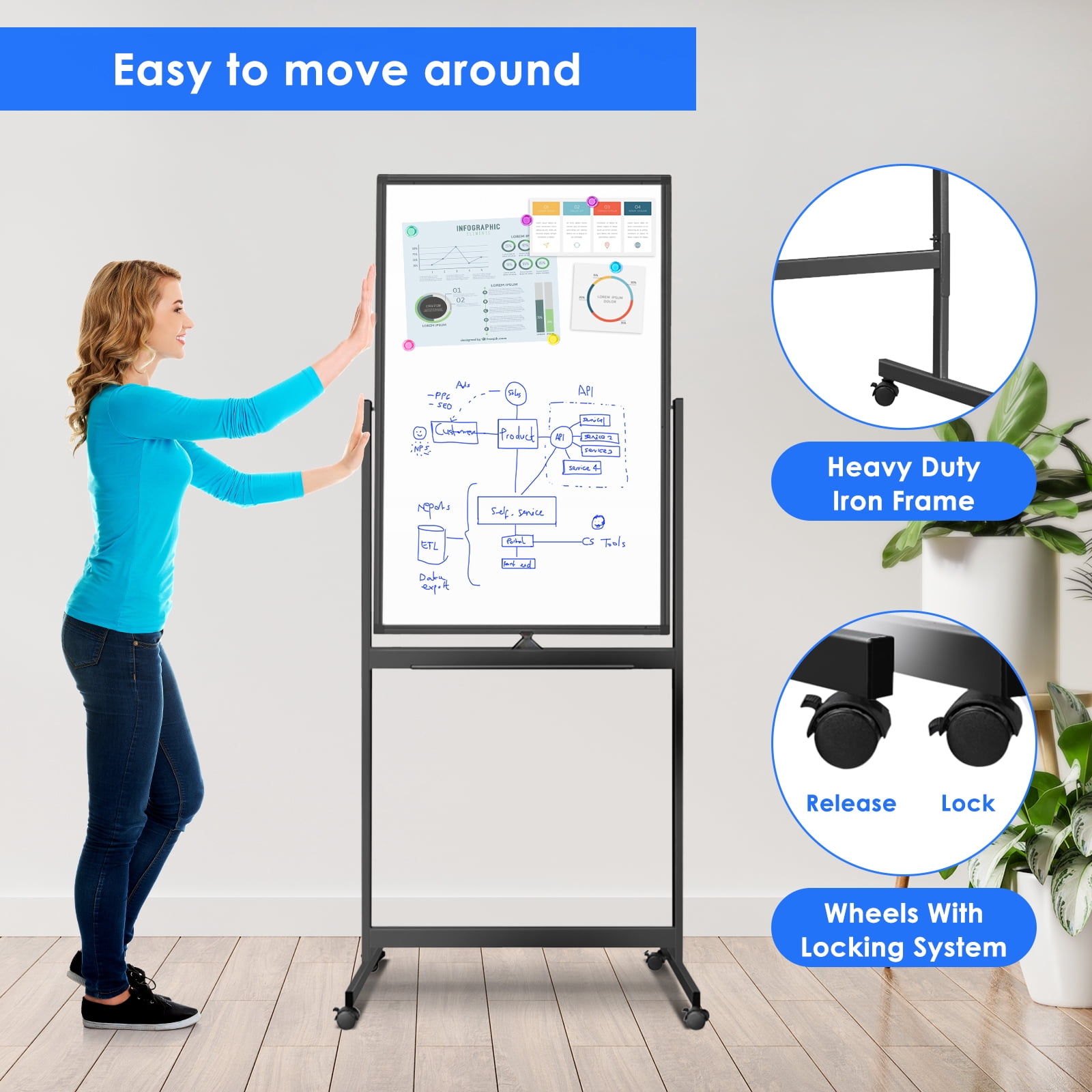Magnetic Mobile White Board, 40 x 24 Maxtek Double Sided Dry Erase Board Rolling Whiteboard, Aluminum Frame Standing Whiteboard on Wheels for Home Office Classroom (40 x 24 Black)