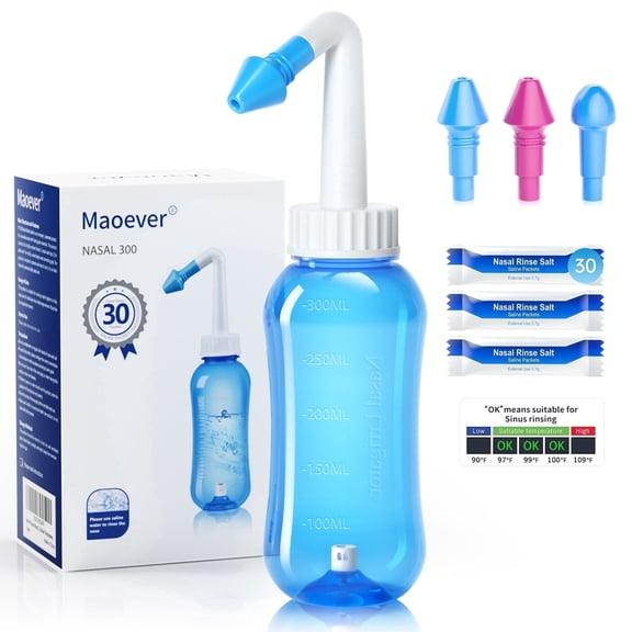 Neti Pot Nettie Bottle Nasal Sinus Rinse 30 Salt Packets Pressure Nose Irrigation Wash Cleaner for Adult Kids BPA Free 300 ml netty bottle with Saline Packets Sticker Thermometer(Blue)