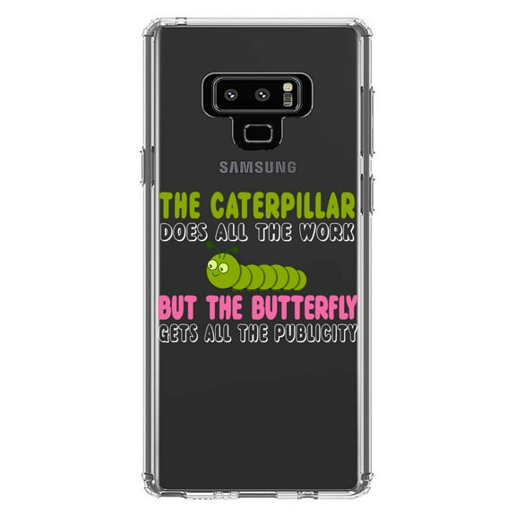 DistinctInk Clear Shockproof Hybrid Case for Samsung Galaxy Note 9 - TPU Bumper Acrylic Back Tempered Glass Screen Protector - Caterpillar Does Work, Butterfly Publicity