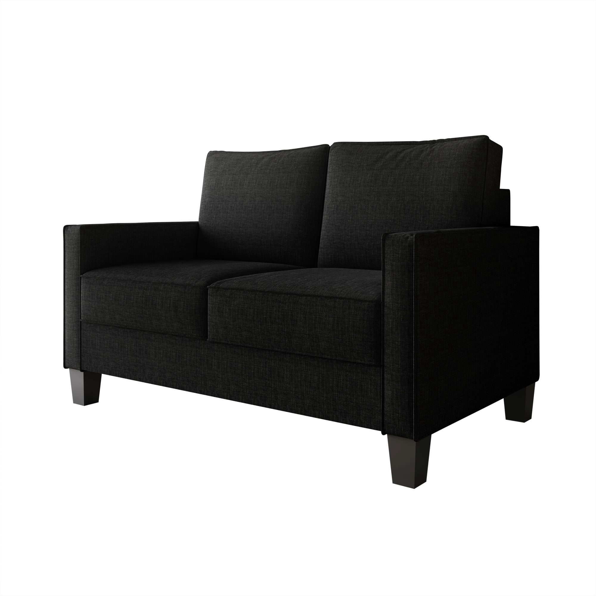 Home Design Marcia Square Arm Loveseat with Padded Back and Seat, Modern Upholstery, Black Legs, Comfortable Living Room Seating, Black