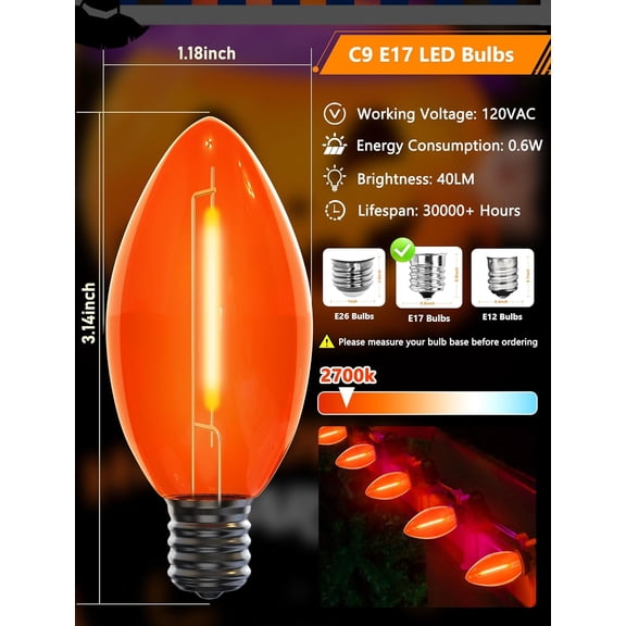 YJYASX-25 Pack C9 Christmas Orange LED Light Bulb,Vintage Orange Plastic C9 Replacement Bulbs Shatterproof C9/E17 Intermediate Base 0.6 Watt Great for Night Lights Christmas Outdoor String Lights