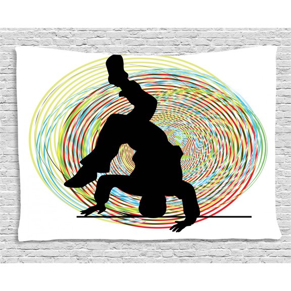Hip Hop Tapestry, Teenage Hip Hop Dancer Dancing on Hand Stand Doing Head Spin Colorful Image Print, Wall Hanging for Bedroom Living Room Dorm Decor, 80W X 60L Inches, Multicolor, by Ambesonne