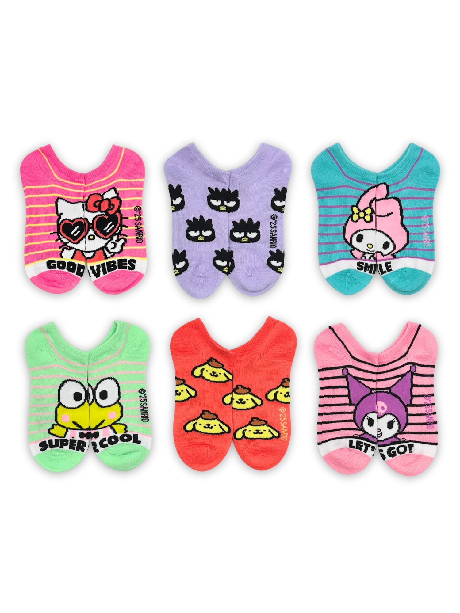 Hello Kitty & Friends, Girls No-Show Socks, 6-Pack, Sizes S-L