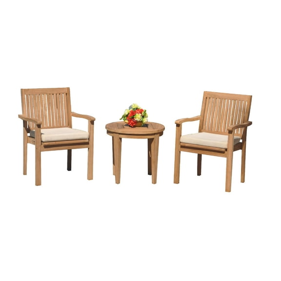 Grade-A Teak Dining Set: 2 Seater 3 Pc: Noida Round Side Table And 2 Leveb Stacking Arm Chairs Outdoor Patio WholesaleTeak #51LV0503