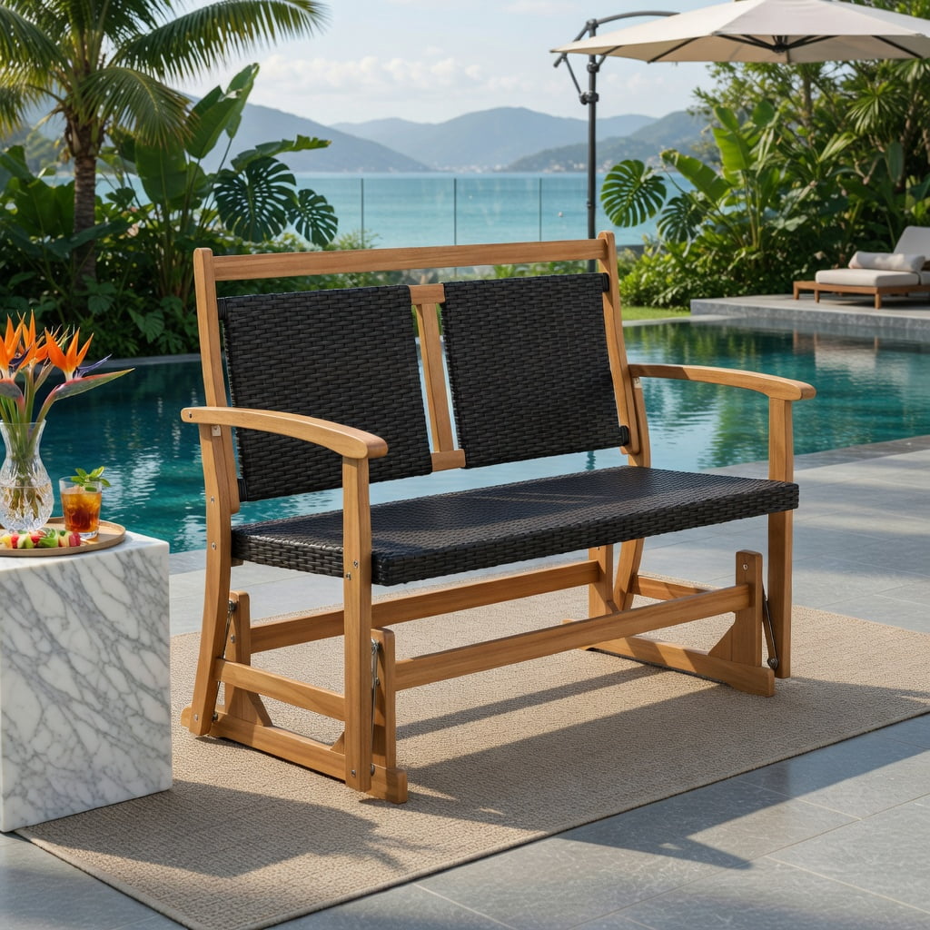 Hommoo 2-Person Outdoor Glider Bench with PE Rattan Seat & Back, Acacia Wood Frame, Sturdy Metal Base, for Patio, Backyard, Balcony Seating, Brown