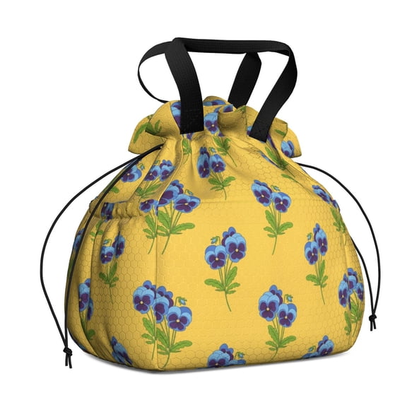 Pioneer Flower Floral Print Pattern Drawstring Insulated Lunch Bag for Women, Stain-Resistant Large Lunch Tote with Multi-Pockets for Work Office