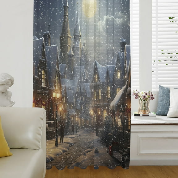 Christmas Town, Semi Sheer Curtains Drapes for Living Room, Bedroom, French Doors Window 63 Inches Long, Winter Snow Old World Vintage House Rod Pocket Chiffon Curtain Drapery Voile Draperies Panel