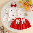 thumbnail image 3 of Pandaie Toddler Girls Heart Print Two Piece Outfit Ruffle Long Sleeve Top Tiered Skirt Bow Headband Birthday Party Holiday Photo Shoots Red,12-18 Months, 3 of 7