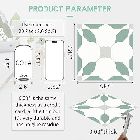 MORCART 7.87" x 7.87" Peel and Stick Floor Tile, 20 PCS Self-Adhesive DIY Vinyl Flooring for Renters, Removable and Waterproof Tile Sticker for Bathroom, Kitchen, Staircase (Aqua Blue)
