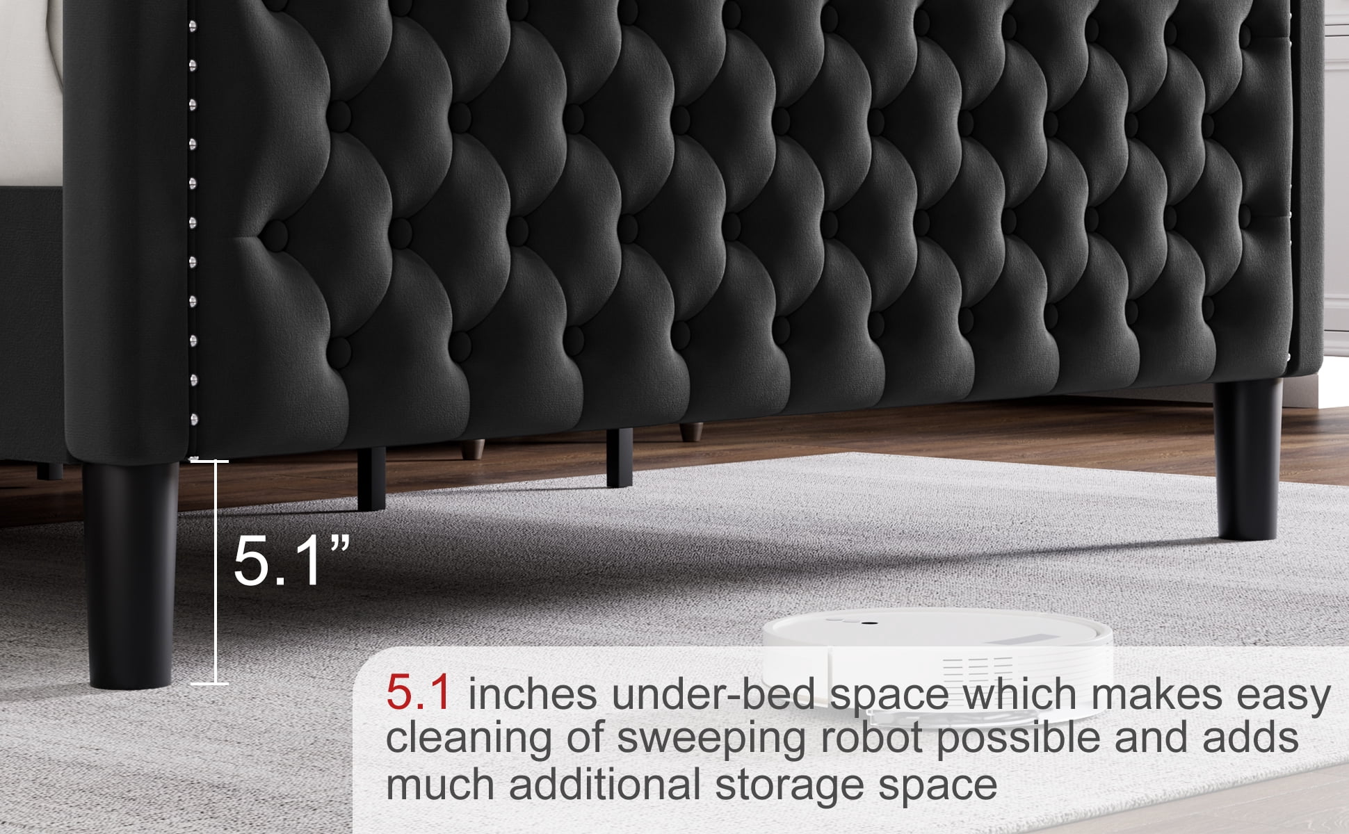 Gewnee King Bed Frame with 52'' Tall Headboard Velvet Upholstered Bed Frame,Double Nail & Wingback Design Platform Bed Frame.Black