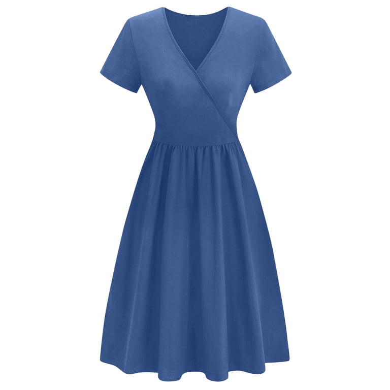 SMihono Women's Summer Casual Dress Short Sleeve Wrap V-Neck A-Line Dress  Sundress Wedding Guest Cocktail Midi Dresses Navy XXL - Walmart.com