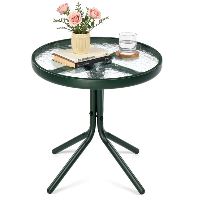 Ktaxon Table d'Appoint Carré de 18 Pouces pour l'Extérieur avec Dessus en Verre Trempé, Table de Cour en Verre à Motif Ondulé, Vert