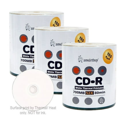 300 Pack Smartbuy 52X CD-R 700MB 80Min White Thermal Hub Printable Data Blank Media Recordable Disc