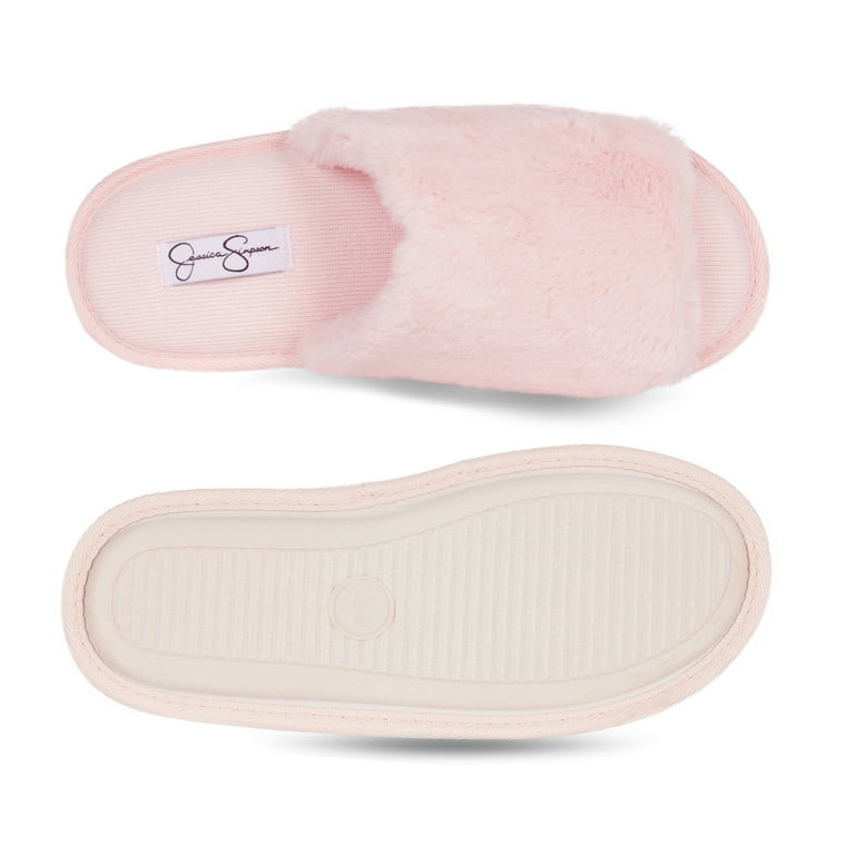 Jessica Simpson Women's Plush Faux Fur Fuzzy Slide on Open Toe Slipper with  Memory Foam