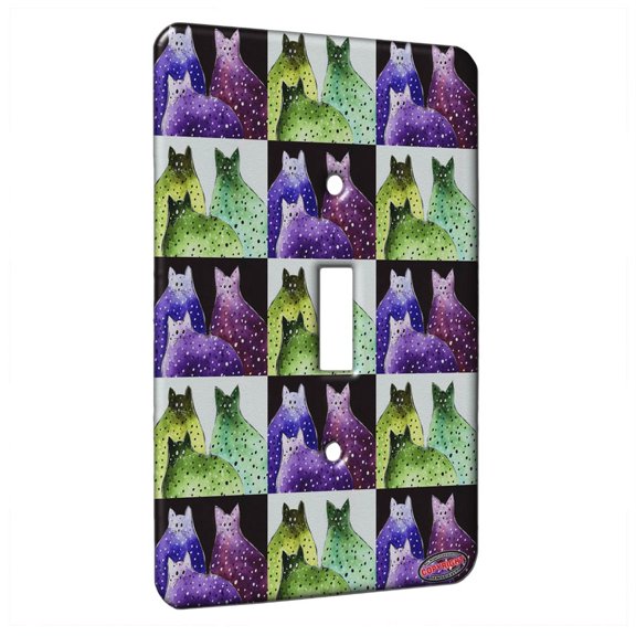 KuzmarK™ Single Gang Toggle Switch Wall Plate - Polka Dot Kitties in Purple and Blue Abstract Cat Pattern Art by Denise Every