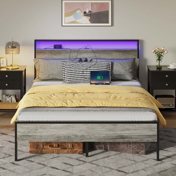 Greenstell Queen Size LED Light Bed Frame with Storage Wooden Headboard & Charging Station, Metal Bed Platform, Beige