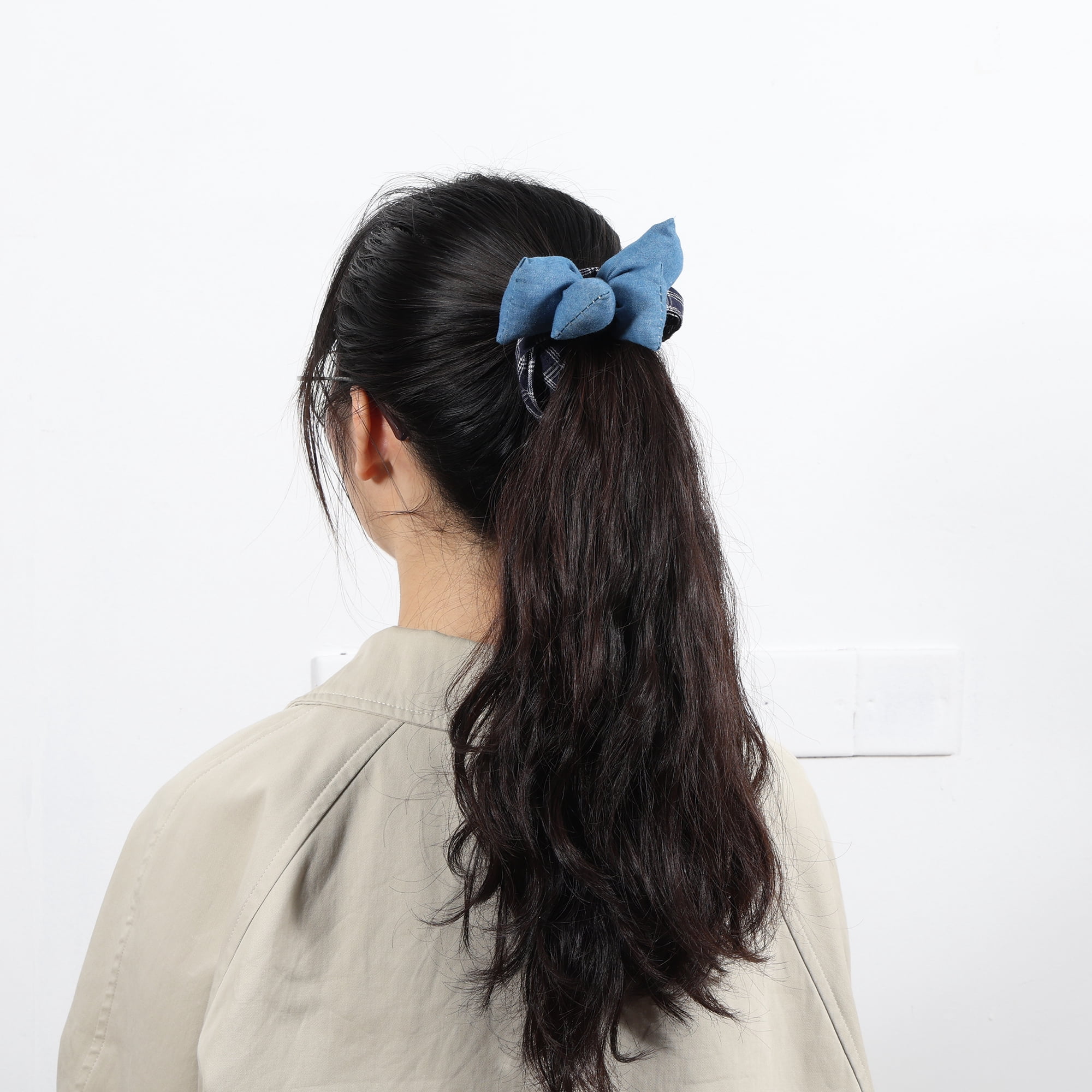 Unique Bargains Bow Denim Hair Ties Fashionable Daily Use Blue Dark Plaid