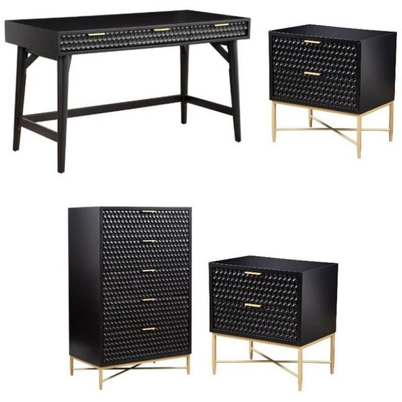 Home Square 4-Piece Set with 5 Drawer Chest & 2 Nightstands & Large Wood Desk