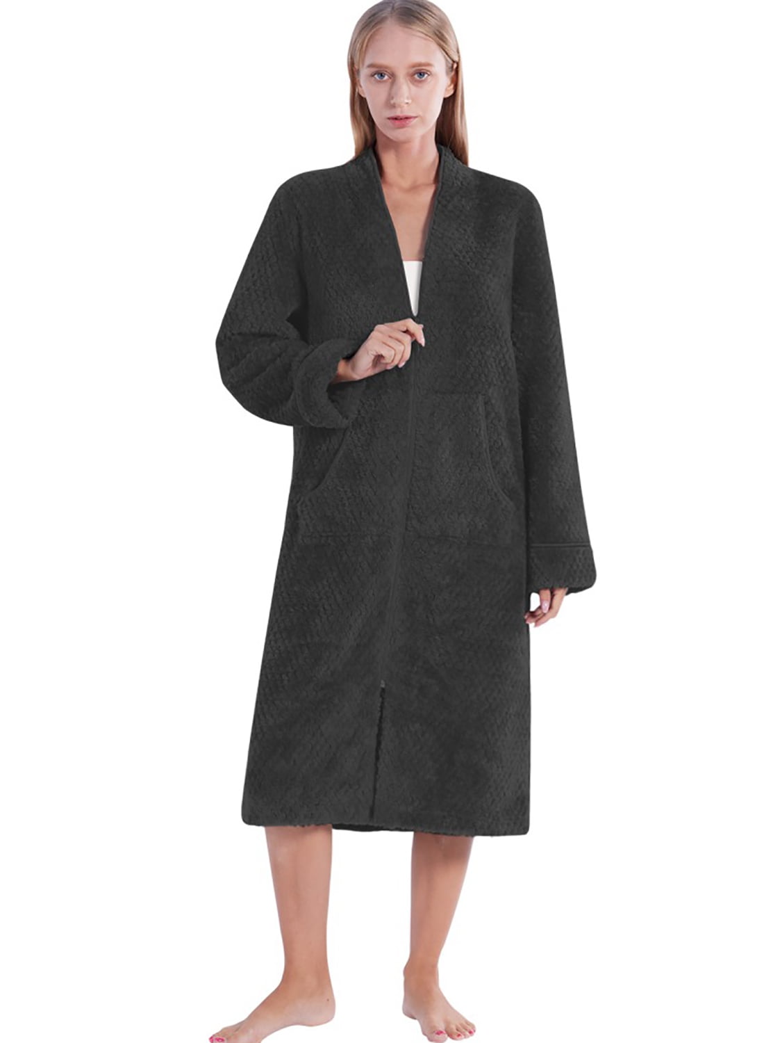 Womens Fleece Robe Plush Zip Front Bathrobe with Pockets Warm Soft
