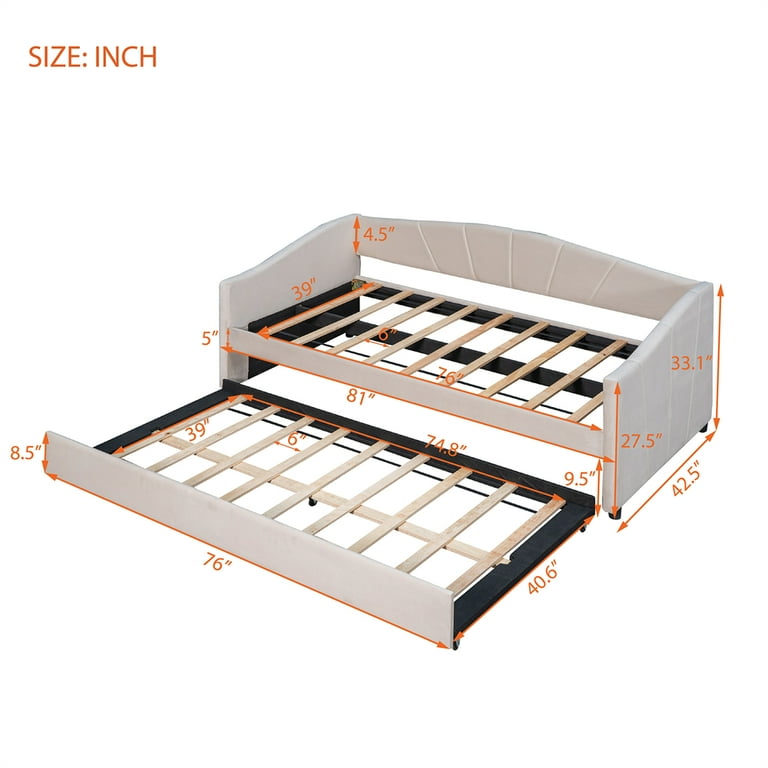 Twin Size Upholstered Daybed Sofa Bed with Trundle Bed and Wood Slat Velvet Sofa Bed Frame Multifunction Daybed for Living Room Bedroom No Box Spring Needed 81 L x 42.5 W x 33.1 H Beige