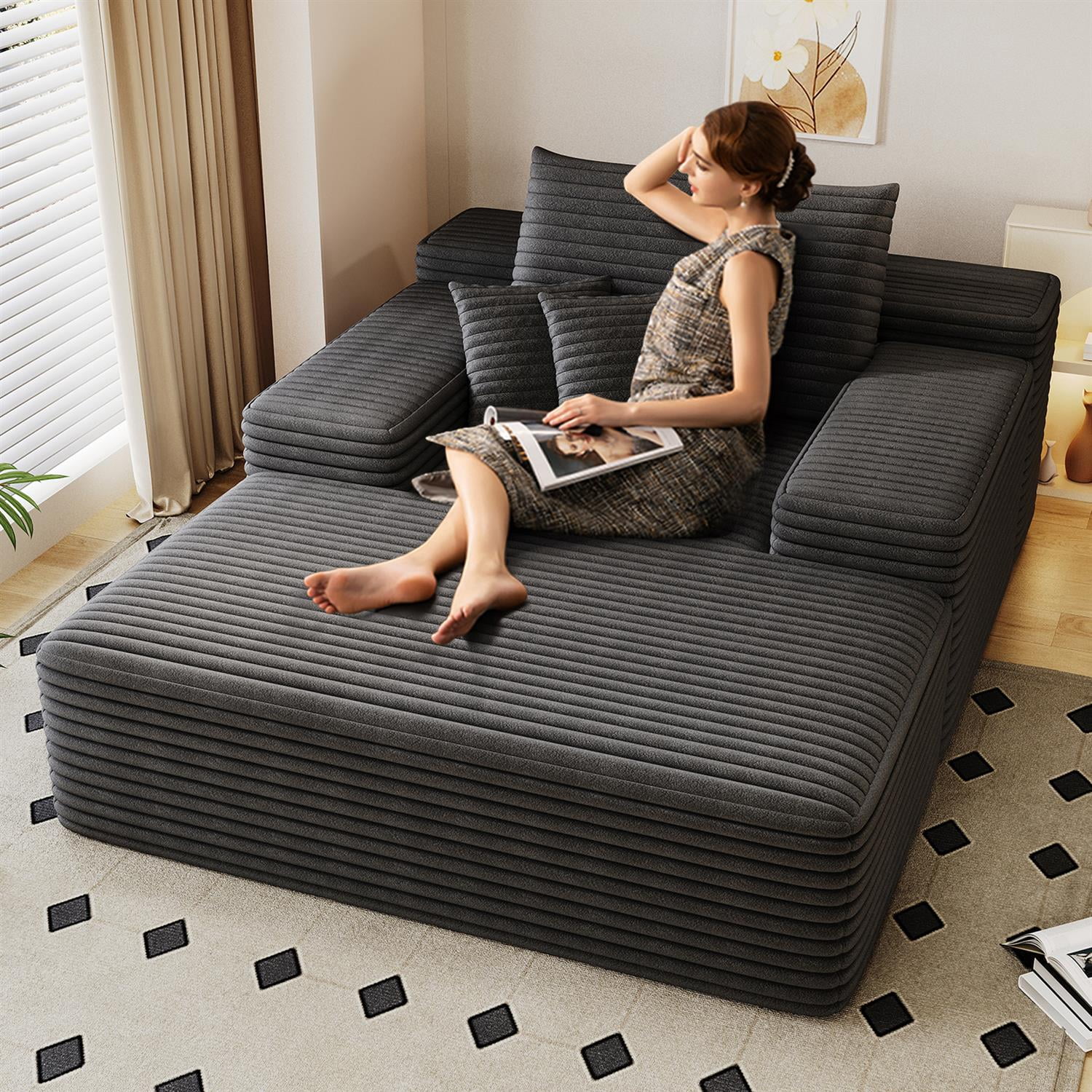 Demi Bonn 68"x51" Oversized Chaise Lounge Chair, Fluffy Plush Upholstered Sleeper Sofa Bed, Cloud Couch for Reading Chair & Lounge Sofa, Dark Gray