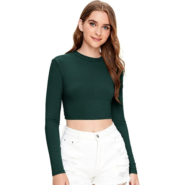 Women's Casual Slim Fitted Basic Long Sleeve Solid Crop Tee Top