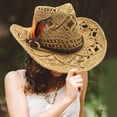 thumbnail image 4 of sususu Straw Cowboy Hat, Western Cowgirl Hat, Wide Brim Sun Beach Hat for Women Khaki, 4 of 5