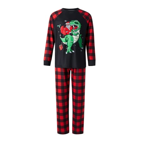 

hirigin Christmas Family Matching Pajamas Set Dinosaur Santa Claus Print T-shirt with Plaid Pants