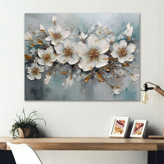 Designart "Daisy Symphony White and Gold III" Floral Daisy Metal Art Living Room
