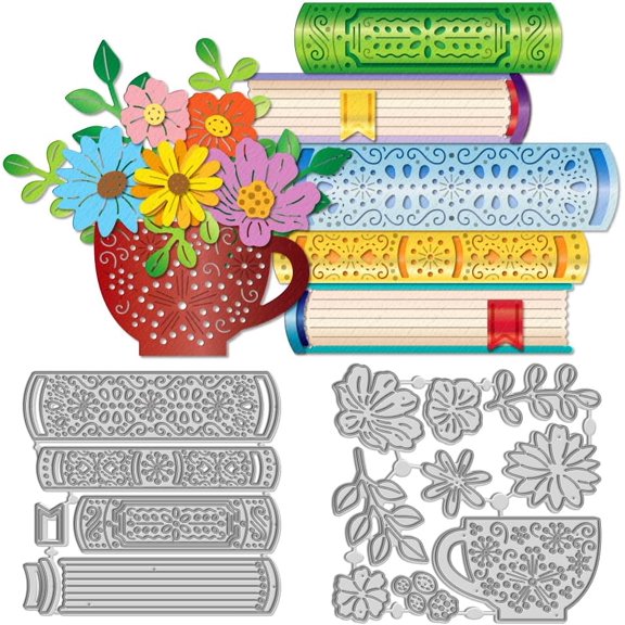 2Pcs Flowers Cup Book Die Cuts for Card Making Tea Cup Flower Metal Cutting Dies Stencils Book Reading Scrapbooking Decorative Embossing Stencil for Photo Album Card Journal Craft Decor Silver