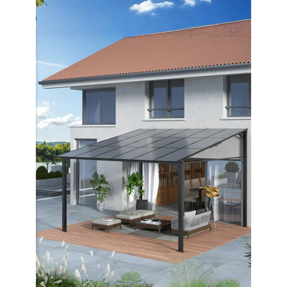 10’ x 12’ Gazebo, Wall Mounted Gazebos Pergola, Aluminum Frame, Outdoor Patio Lean to Gazebo Awnings for Deck, Porch, Backyard and More