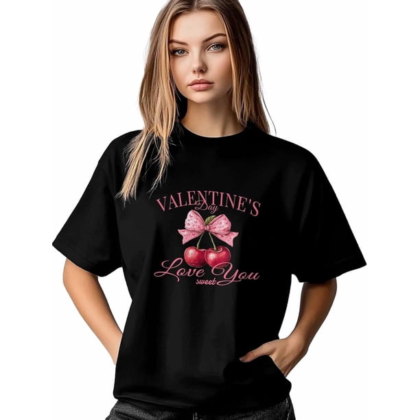 Camiseta de cereza dulce para mujer, camisetas de manga corta, camisetas casuales, camiseta romántica de San Valentín con cuello redondo para mujer