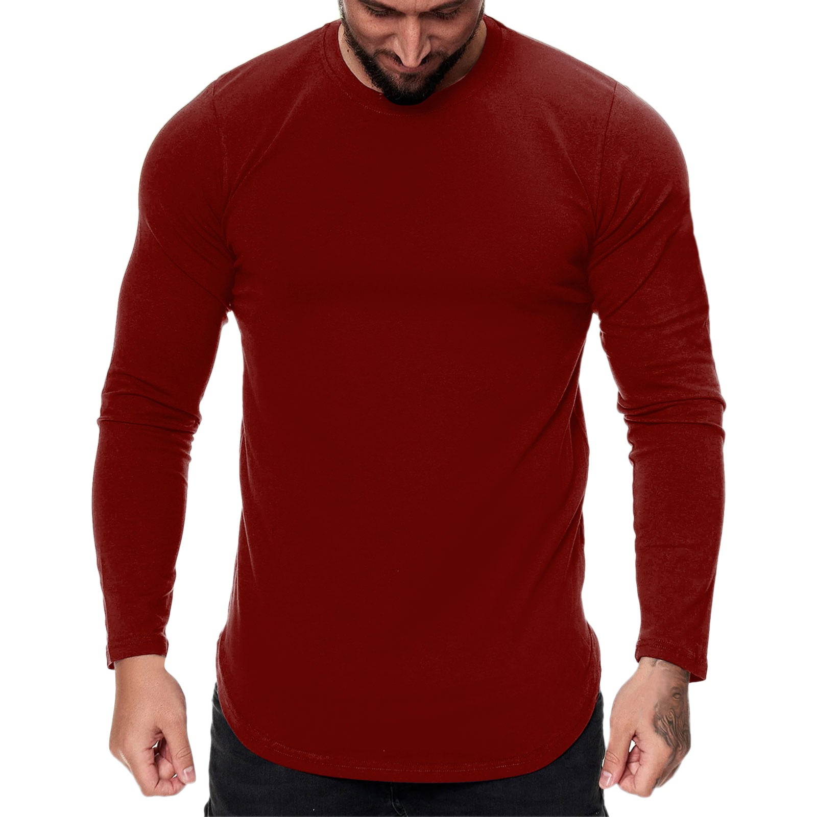 Yubnlvae Mens Fashion Casual Sports Fitness Outdoor Curved Hem Solid Color  Round Neck T Shirt Long Sleeve Top