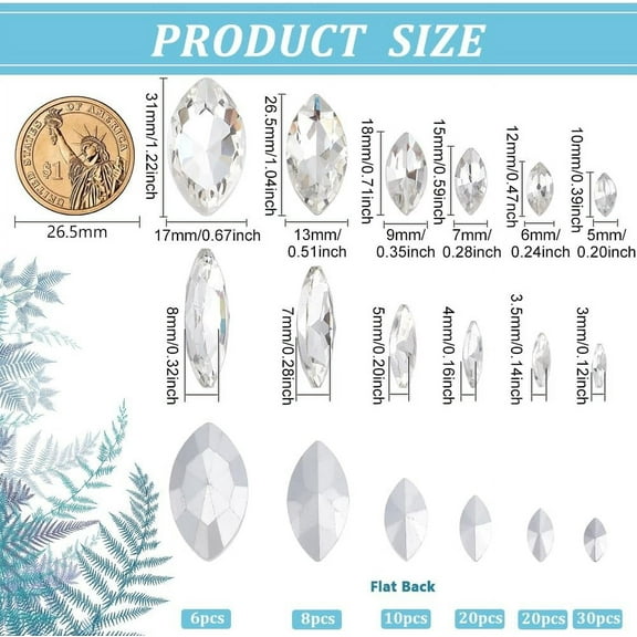 1box 94 pcs Pointed Back Rhinestone 6 Sizes Glass Rhinestones Gems Clear Horse Eye Jewels Embelishments with Silver Back Crystals Stones for Craft Decor Jewelry Making