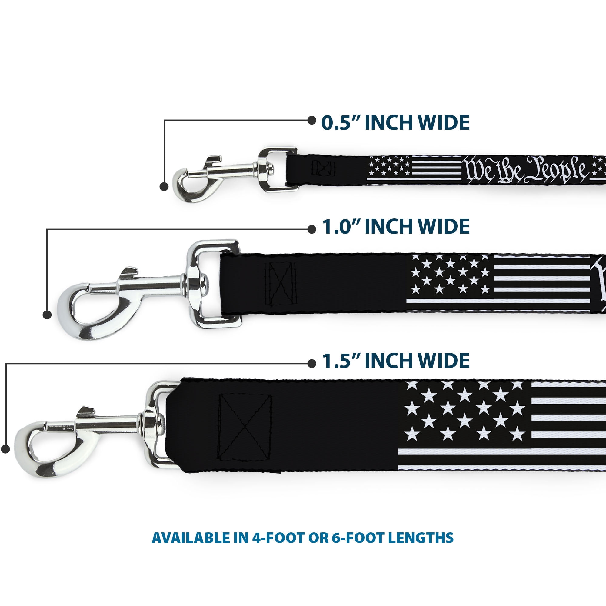 Buckle-Down Pet Leash, Dog Leash, Americana Flag We the People Black White, 6 Feet Long 1.0 Inch Wide