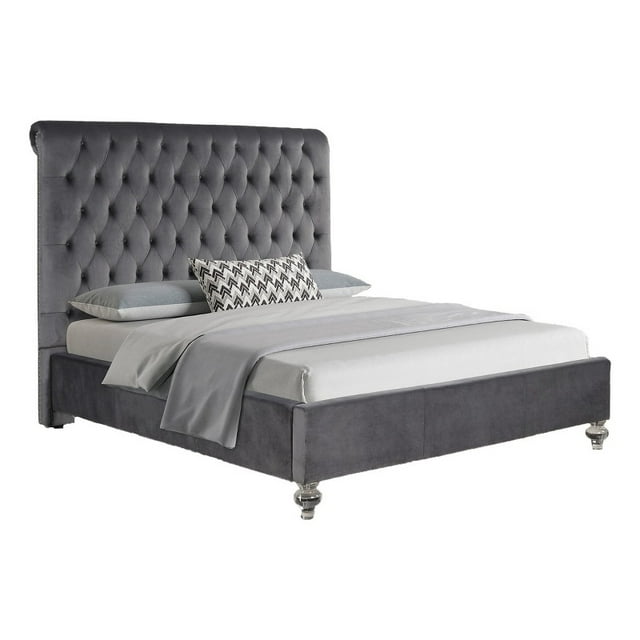 California King Gray Velvet Upholstered Panel Bed with Clear Acrylic Legs