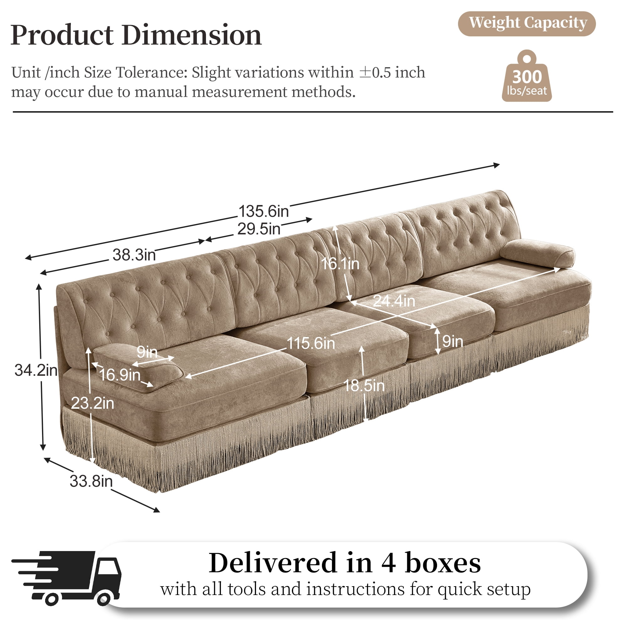 135" Velvet Fabric 4-Seater Sofa with Tassel Fringe Skirt and Button Tufted Design, Easy to Assemble