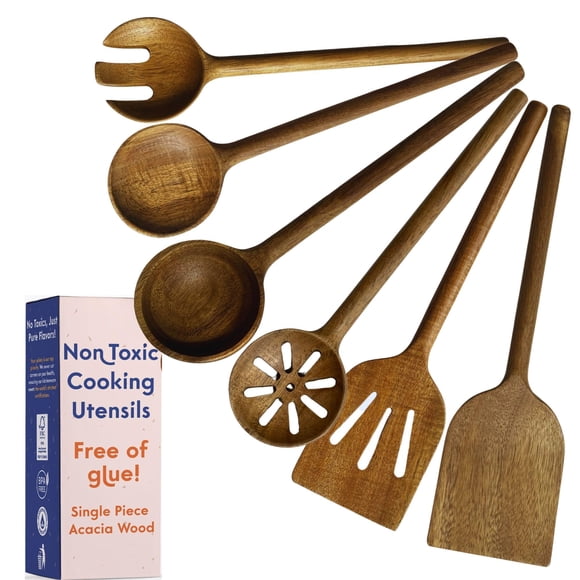 Juego de utensilios de cocina Ziruma de 6 piezas, madera natural no tóxica